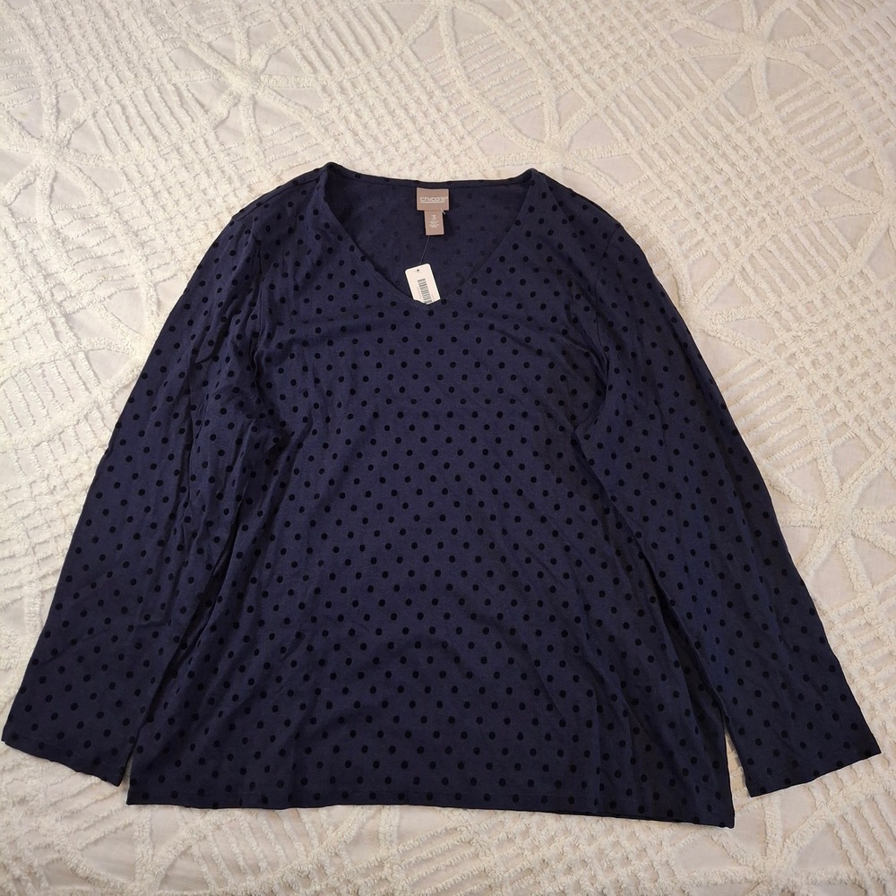 Chicos 3 Midnight Blue Flocked Polka Dot Knit Top V-Neck Long Sleeve Size XL NWT